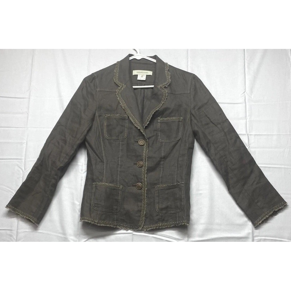 Gerard Darel Blazer Jacket Womens 38 Green Linen Notch Lapel Casual Frayed Hem